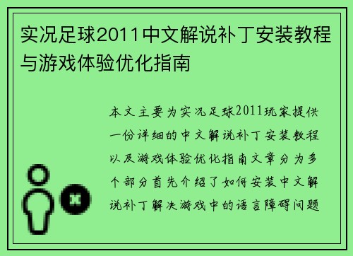 实况足球2011中文解说补丁安装教程与游戏体验优化指南