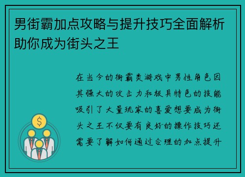 男街霸加点攻略与提升技巧全面解析助你成为街头之王